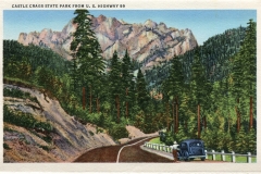 a panel in the accordian fold packet. Jerry Rowley (dad), postcard collection, Highway 99 view, Castle Crags State Park, California