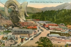 "Estes Park, Rocky Mountain National Park", souvenir packet book, back cover. postcard collection, Elkhorn Avenue, Estes Park Village, Colorado