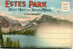 "Estes Park, Rocky Mountain National Park", souvenir packet book, front cover. postcard collection, Rocky Mountain National Park, Estes Park Village, Colorado
