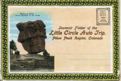 "Souvenir Folder of the Little Circle Auto Trip. Pikes Peak Region, Colorado", souvenir packet book, front cover. postcard collection, West Garden of the Gods, Colorado