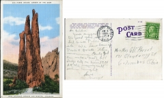 Postcard, "Three Graces, Garden of the Gods", postmarked Aug. 4, 1936, Colorado Springs, Colo.To: Mr and Mrs. G.H. ParrotFrom: George Parrot Jr.postcard collection, Three Graces, Garden of the Gods, Colorado Springs, Colorado