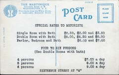 "Special Rates to Motorists: single room $2.50", postcard collection, Hotel Martinique, Washington, District of Columbia