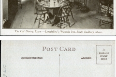 Postcard "The Old Diing Room Longfellow's Wayside Inn, South Sudbury, Mass."  with a date written on back: "July 30, 1925"
postcard collection, Longfellow's Wayside Inn, South Subury, Massachusetts