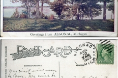 Postcard "Algonac, Michigan", postmarked Aug. 10, 1923 from Algonac, Mich.To: Mrs M.R. ElliottFrom: Evelynpostcard collection, waterfront, Algonac, Michigan