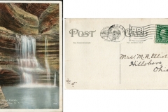 Postcard "Curtain Cascade, Watkins, NY" postmarked 1919 from Watkins, NYTo: Mrs. M. R. ElliottFrom: "ME" (M.E Cole)postcard collection, waterfall, Curtain Cascade waterfall, Watkins Glen, New York