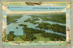 "Souvenir Folder of Thousand Islands, NY, along the St. Lawrence" packet book, back cover. postcard collection, air view, Thousand Islands, New York