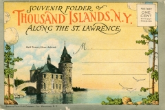 "Souvenir Folder of Thousand Islands, NY, along the St. Lawrence" packet book, front cover. postcard collection, Bell Tower, Heart Island, Thousand Islands, New York