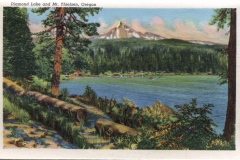 a panel in the accordian fold packet. Jerry Rowley (dad), postcard collection, Mt. Thielson and lake, Diamond Lake, Oregon