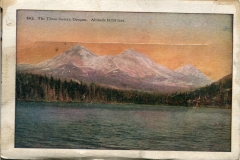 "Scenic Oregon Souvenir Folder" packet book, back cover. postcard collection, The Three Sisters, Oregon