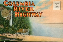"Columbia River Highway, postage 1 1/2 cents without message", with Old Oregon Trail emblam, packet book, front cover. postcard collection, Columbia River Highway, Oregon