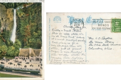 Postcard "Multnomah Falls, Oregon", postmarked Aug. 22, 1935, Portland, Oregon.To: Mrs. E. O. BuxtonFrom:  Beulah (Parrot) Winterpostcard collection, waterfall, Multnomah Falls, near Bridal Veil, Oregon