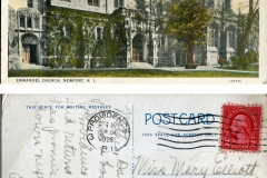 Postcard "Emmanuel Church, Newport, RI", postmarked Aug. 16, 1926To: Miss Mary ElliottFrom:  Edward B. Elliottpostcard collection, Emmanuel Church, Newport, Rhode Island