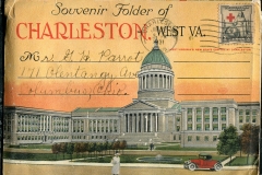 "Souvenir Folder of Charleston West. Va.",  packet book, front cover. postmarked 1931.
From: Margaret McGrew
To: Mr. GH. Parrot
postcard collection, Charleston, West Virginia
