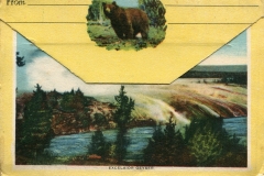 "Geyserville Yellowstone National Park" packet book, back cover.
Bear, postcard collection, Excelsior Geyser, Yellowstone National Park, Wyoming